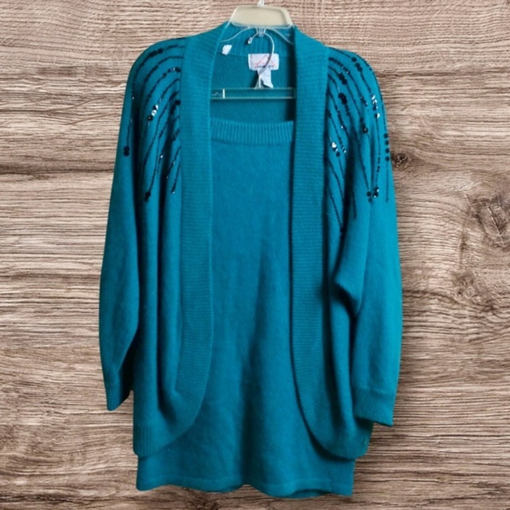 Vintage 80s silk and angora blend sweater skirt set. Teal. Medium.